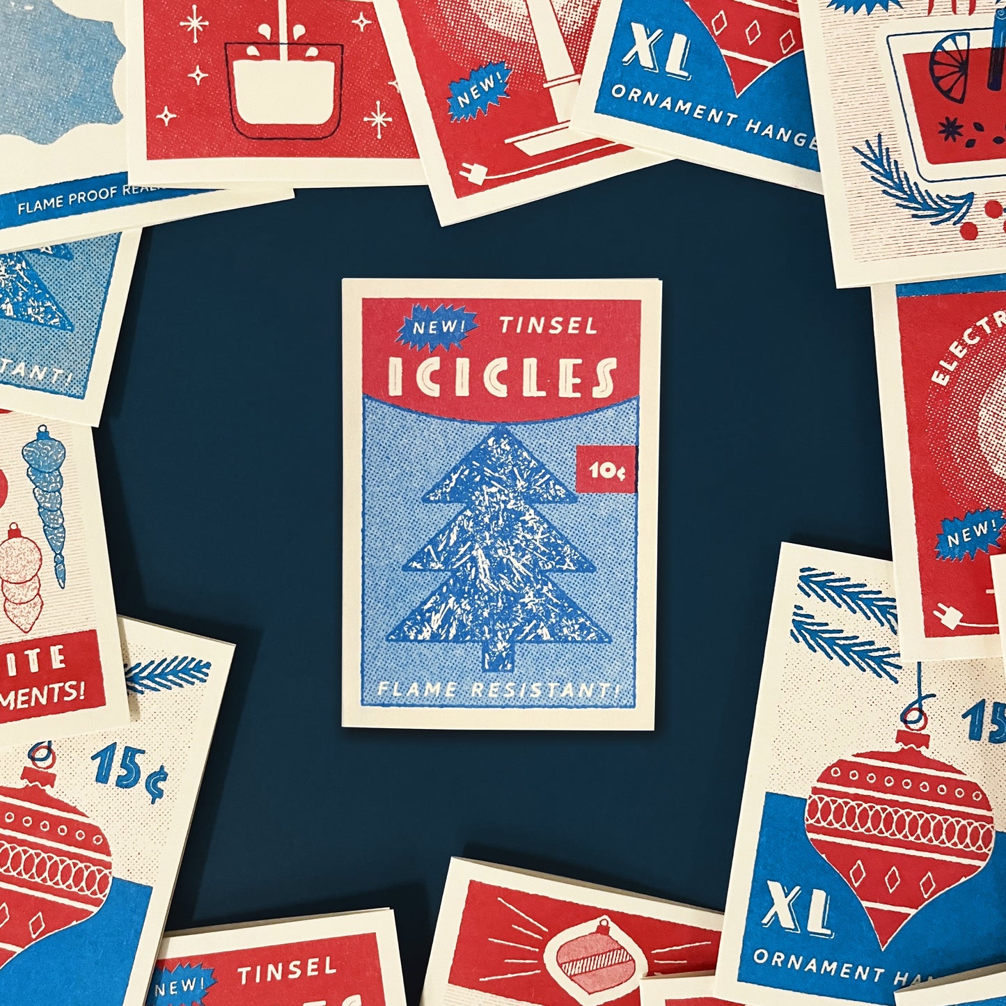 Tinsel Icicle Decorations– Risograph Mini Christmas Card