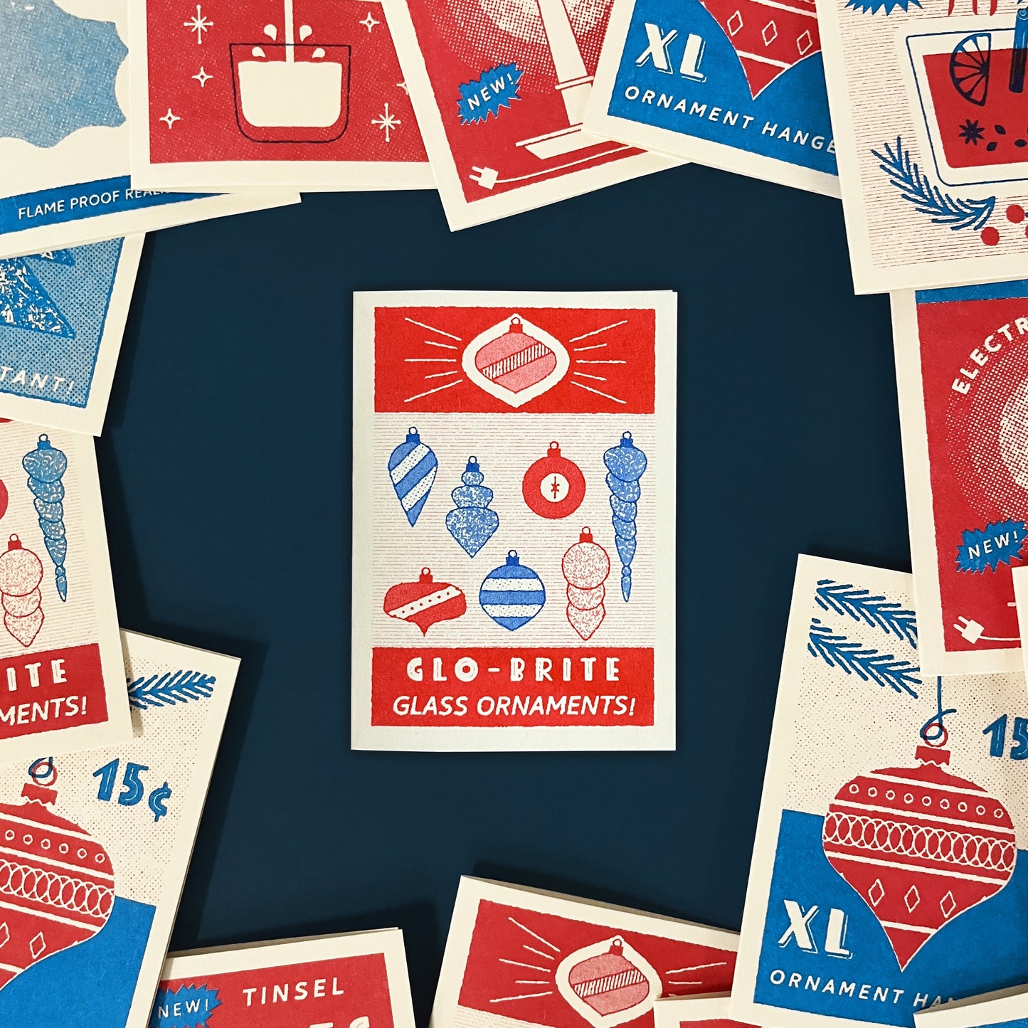 Glo-Brite Glass Baubles – Risograph Mini Christmas Card